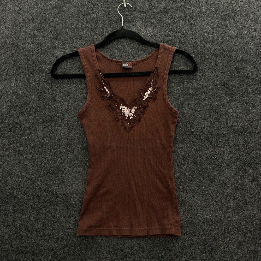 Studio Y Vintage Y2K Brown Ribbed Tank Top Lace Sequin V-Neck Small